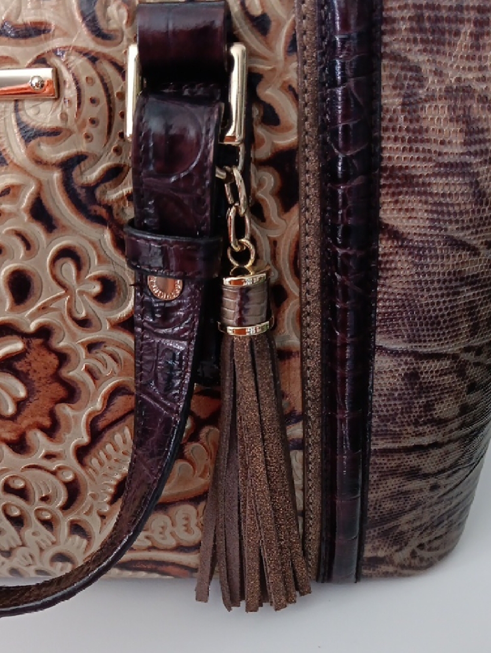 Brahmin Embossed Floral Satchel in Brown and Tan - Picture 3 of 14